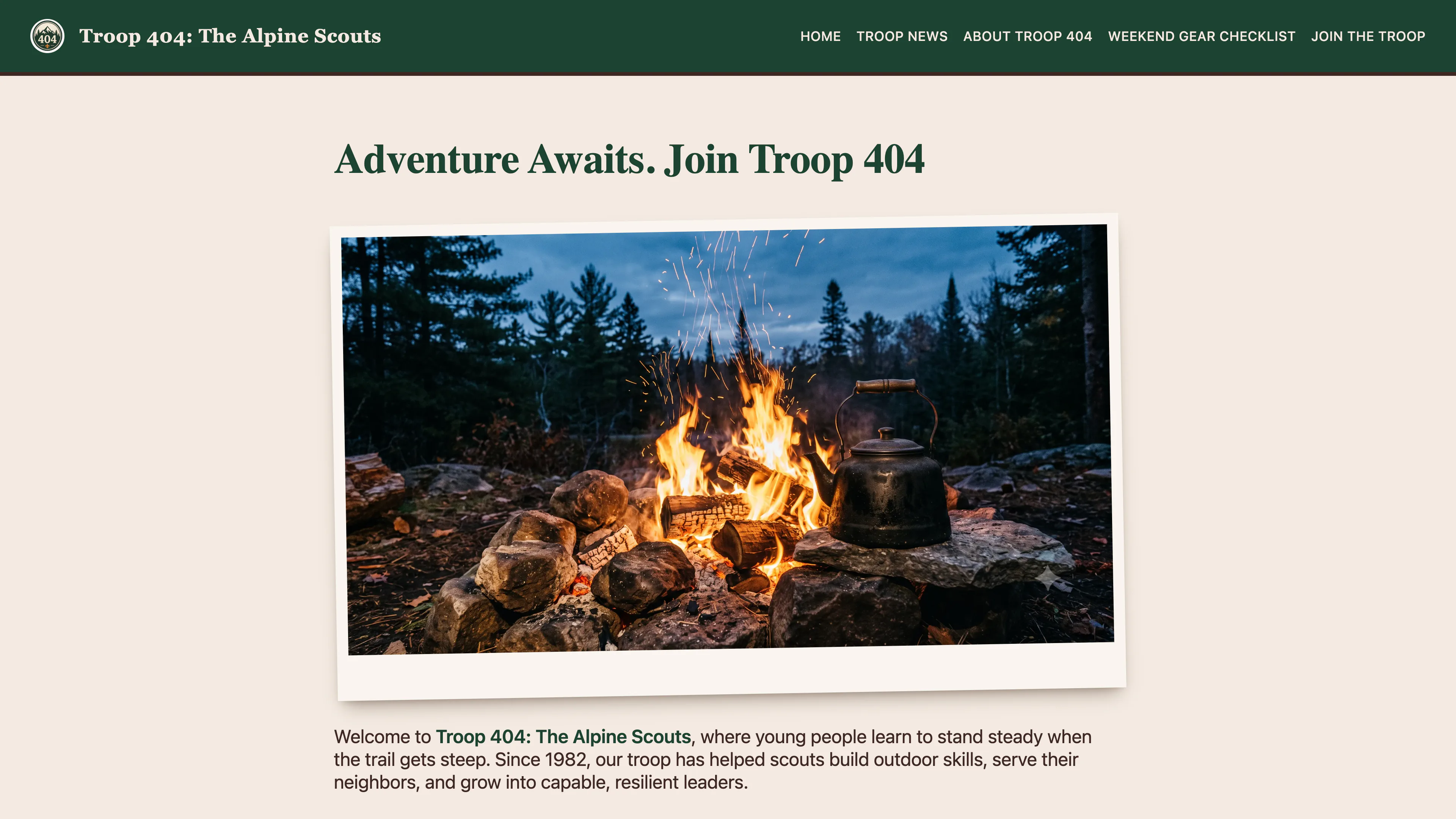 Alpine Scouts demo site: a cozy scout troop homepage with a campfire photo and the headline 'Adventure Awaits. Join Troop 404'