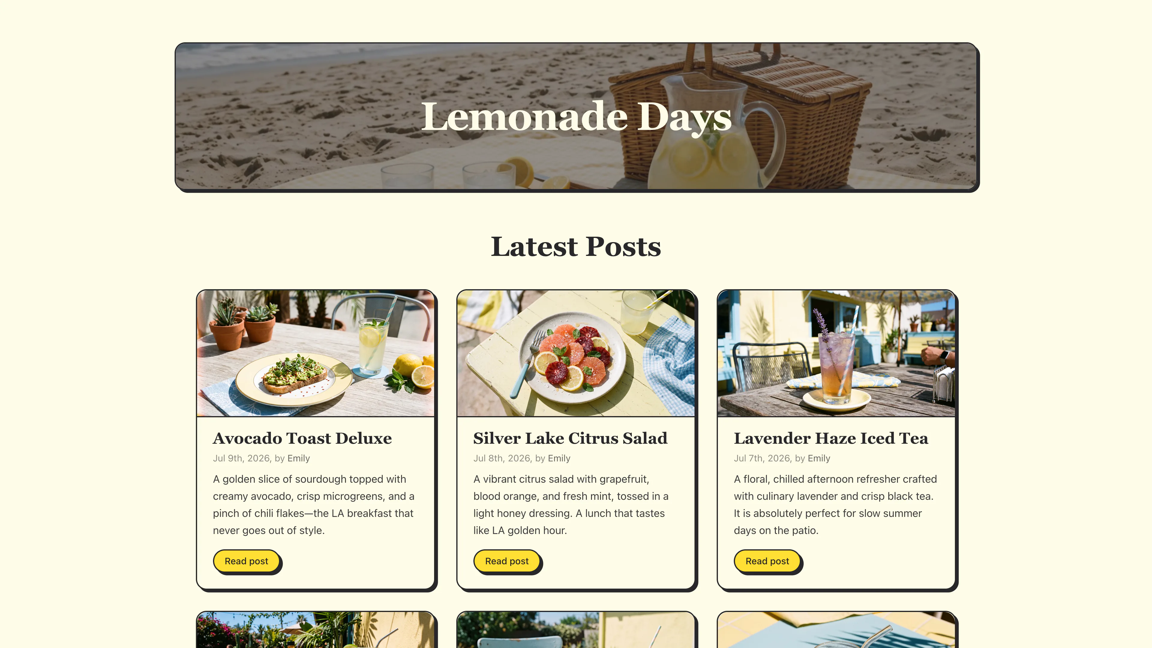 Lemonade Days demo site: a warm summery recipe blog with a beach photo hero and the headline 'Squeeze the Day: A Taste of LA Summer'