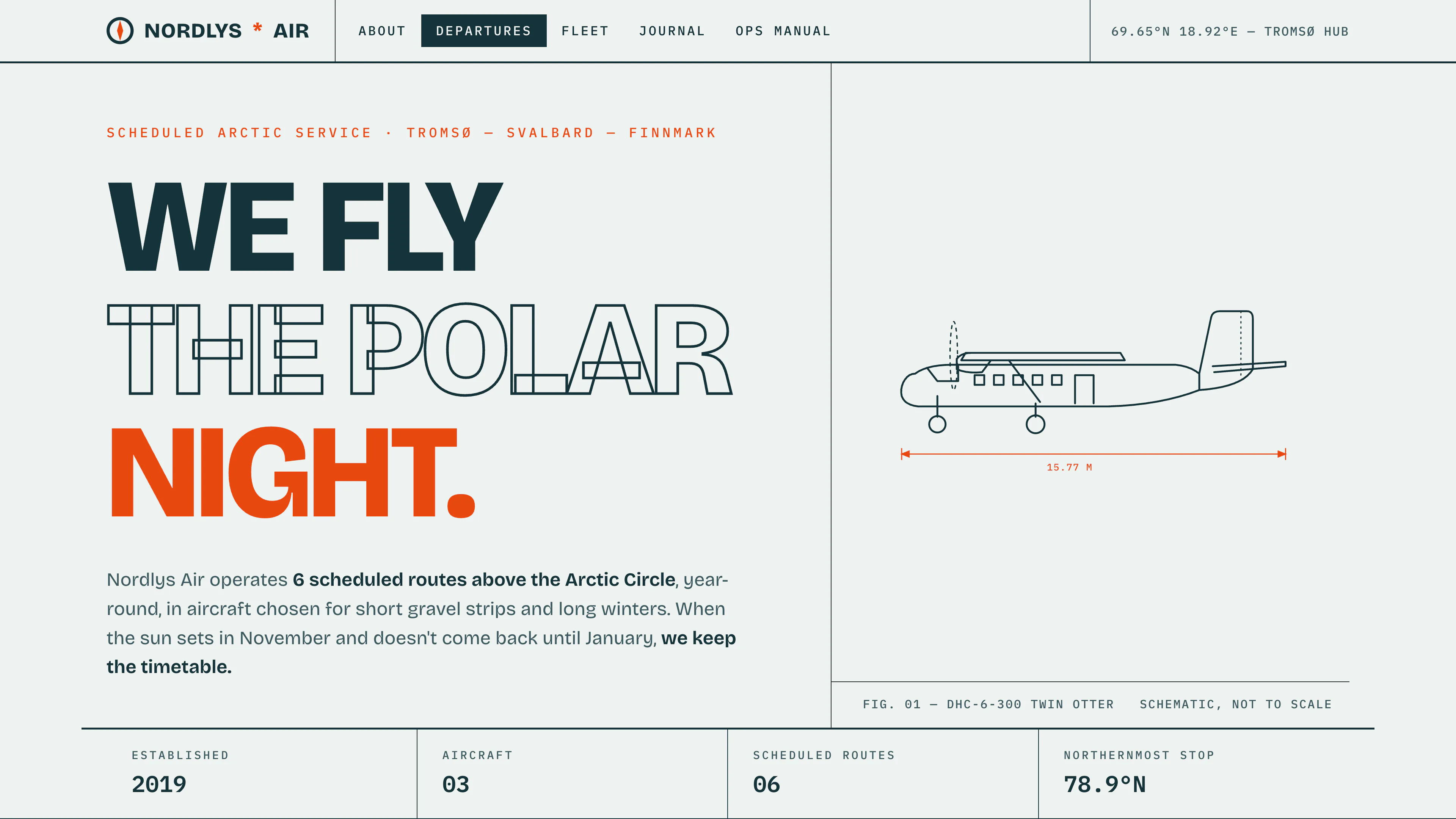 Nordlys Air demo site: a technical, blueprint-styled homepage for a fictional Arctic airline with the headline 'We fly the polar night'