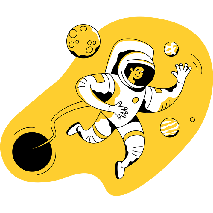 Illustration of a person in a spacesuit surrounded by tiny planets