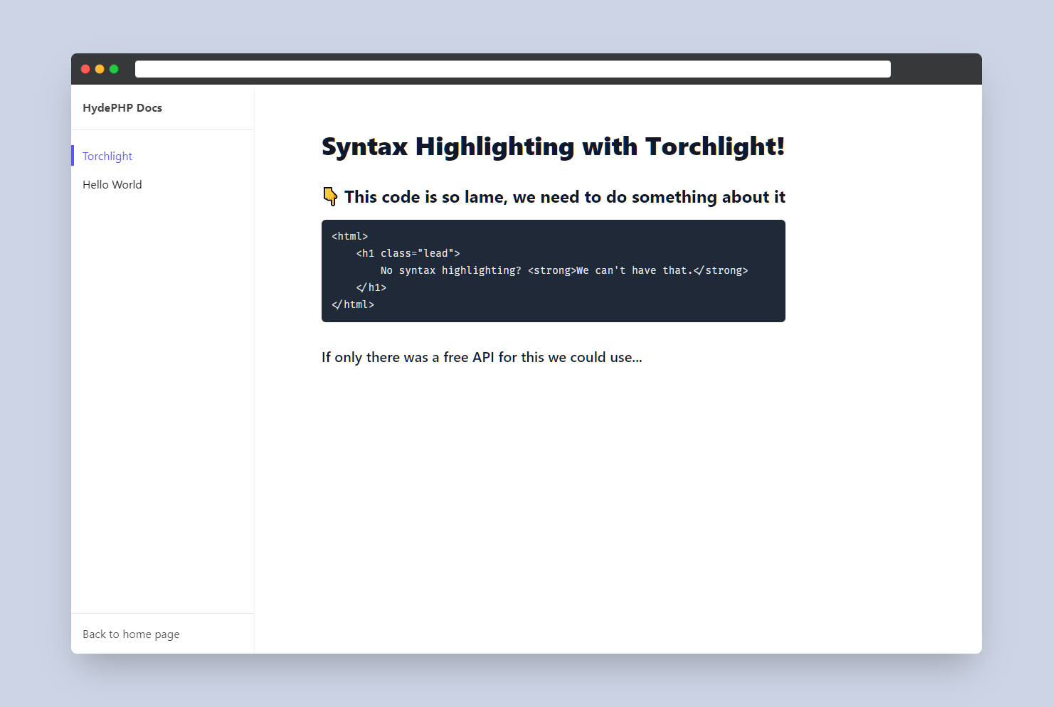 Screenshot of the documentation page with no syntax highlighting