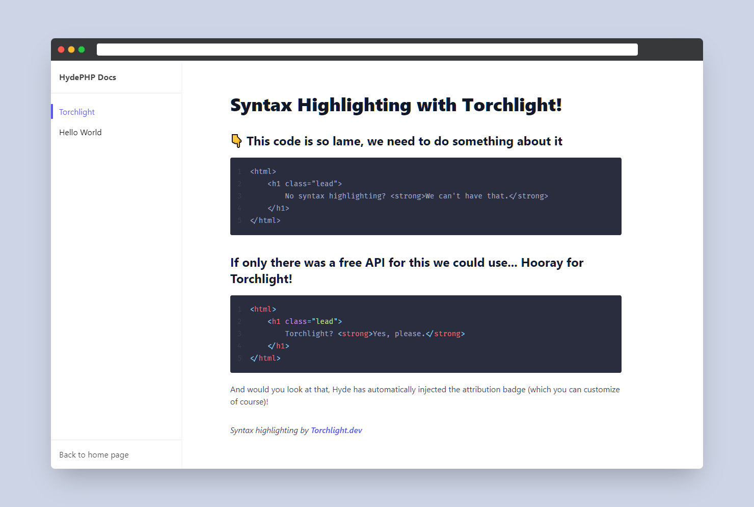 Screenshot of the documentation page with syntax highlighting