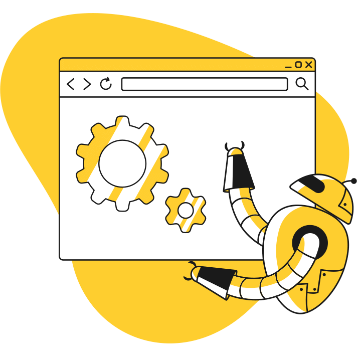 Illustration of a robot pointing to a browser page with two large gears